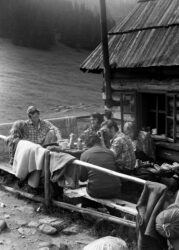 Wrzesień'73. Leniwe popołudnie. Od lewej Alicja, Gieniu, Wojtek Nawrocki, niżej Gaba portretuje Alicję, jeszcze niżej Jadzia, pod oknem Mojżesz.