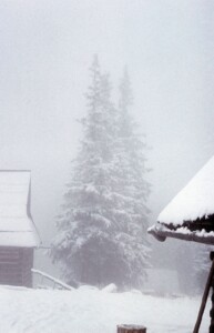 Grudzień'71. Zimowe mgiełki. Z lewej "Krywań", niżej dach Goliasa, z prawej fragment "Rysów".